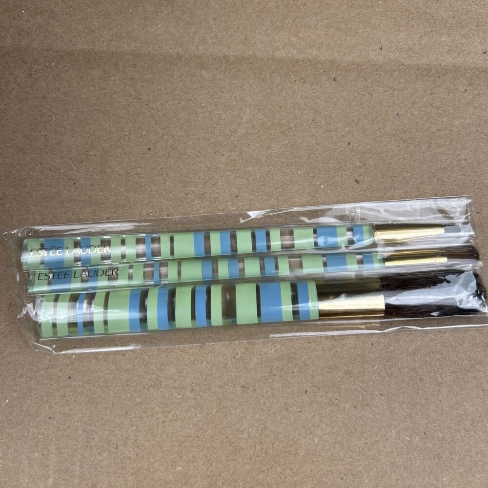 Estee Lauder Makeup Brush Set Of 3 Clear Green Blue Travel NEW